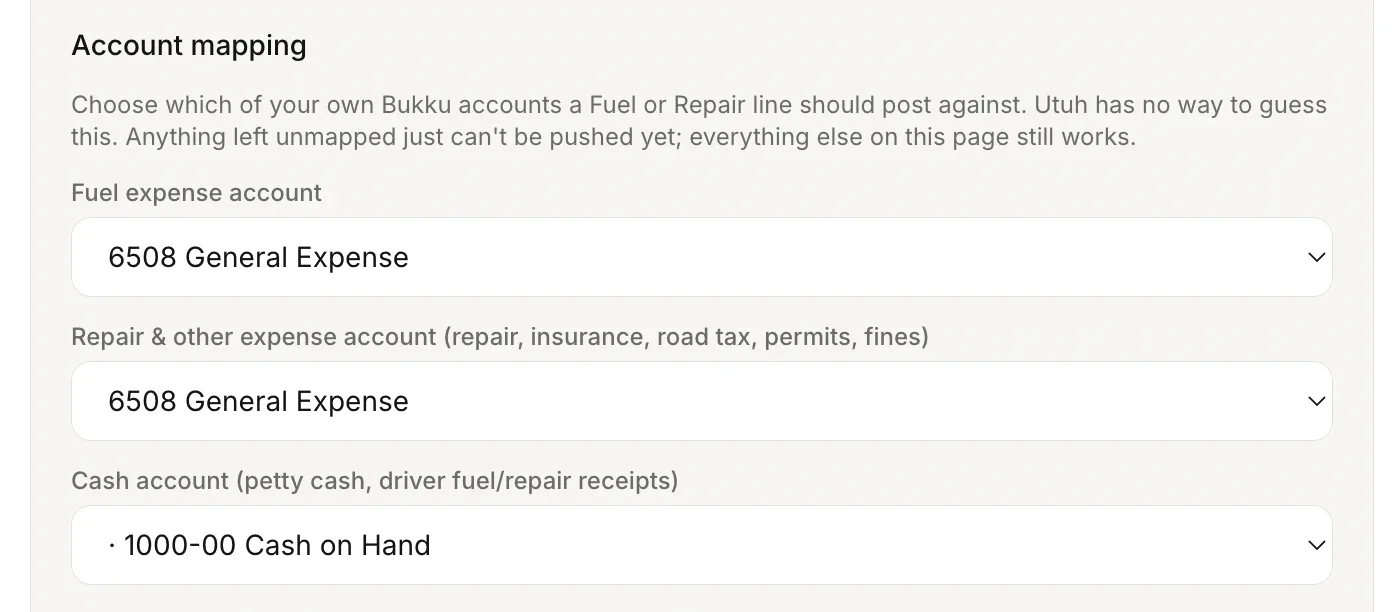 Choosing which Bukku accounts fuel, repairs, cash and bank post to, in Utuh's Settings